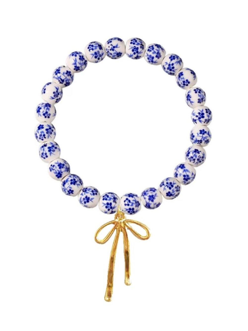 Cottage Blue Floral Bead Ceramic Bracelet with Gold Bow Charm